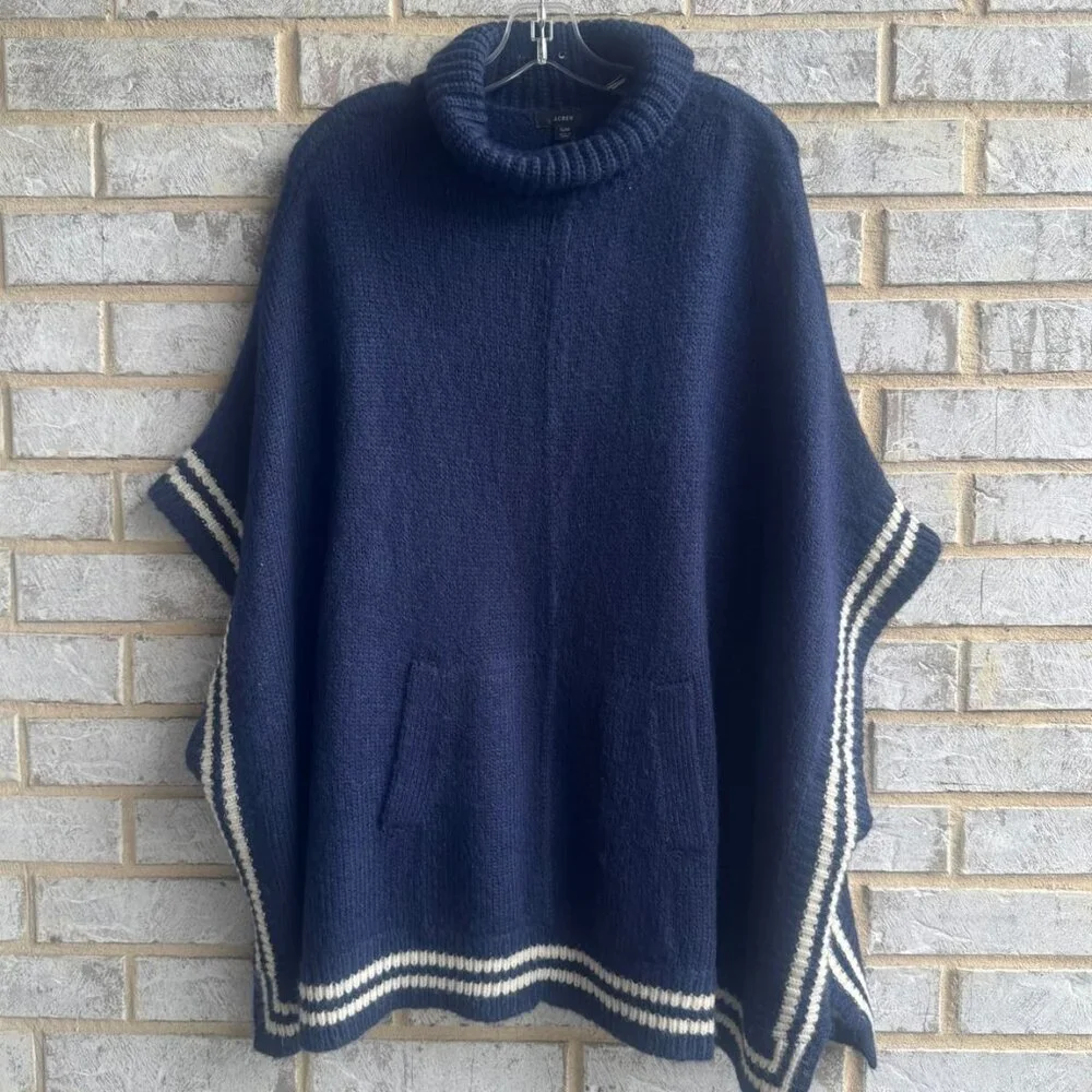 J. Crew Navy Blue Contrast Trim Turtleneck Wool Blend Cape Sweater Size S/M